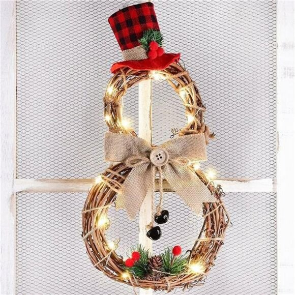 16 x 8 Inch Lighted Christmas Wreath Decoration, Grapevine Wreath with Hat & Bow - Picture 1 of 7